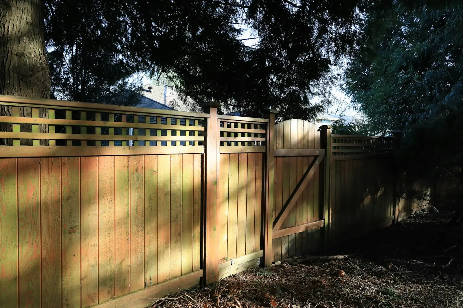 Timber garden fence panels with a trellis top and matching side gate